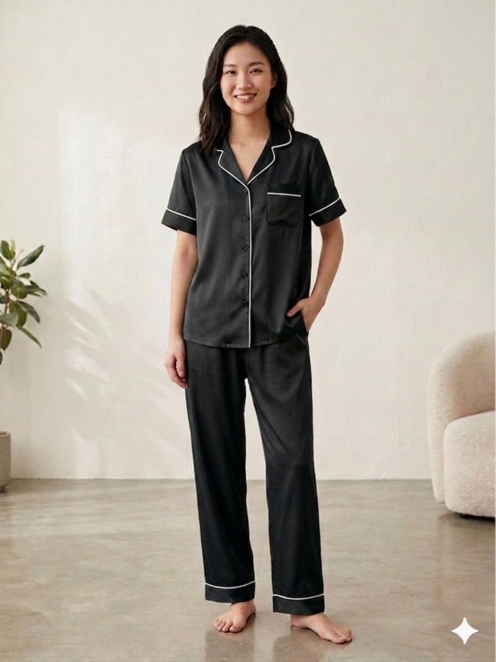 Women's Black Latin Short-Sleeve Pajama Set with White Piping